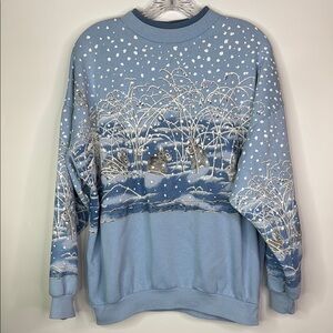 Vintage Artisans Rabbit Bunny AOP Winter Scene Crewneck Sweatshirt Size Large